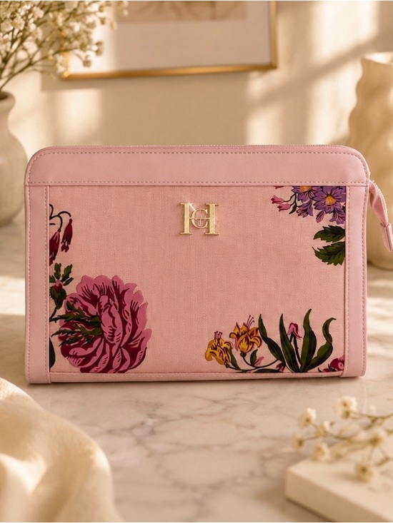 Handbags - Pink Floral Zip Pouch with Gold Logo